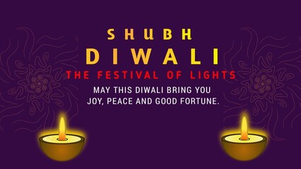 Happy diwali poster illustration with beautiful diyas lit oil lamps on Purple background.