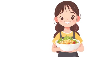 Cheerful Woman Presenting Delicious Pasta Dish on White Background