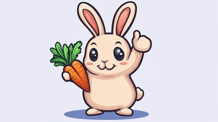 Obraz premium Cute cartoon rabbit holding a carrot and giving a thumbs up.