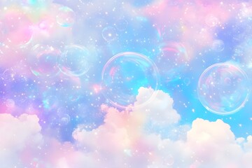 a dreamy, pastel-colored sky scene. It features fluffy clouds in shades of pink, purple, and white, set against a light blue sky. There are also several translucent bubbles floating in the scene