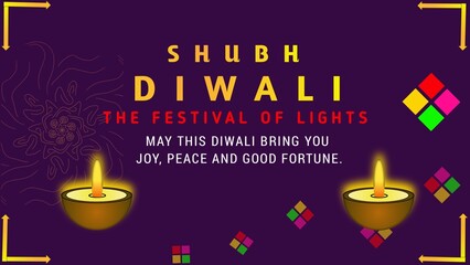 Happy diwali poster illustration with beautiful diyas lit oil lamps on Purple background.