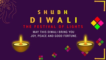 Obraz premium Happy diwali poster illustration with beautiful diyas lit oil lamps on Purple background.