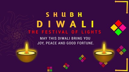 Fototapeta premium Happy diwali poster illustration with beautiful diyas lit oil lamps on Purple background.