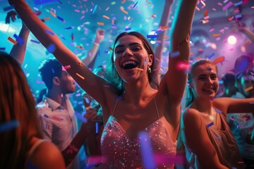 Obraz premium Lively party scene joyful woman in pink dress dancing surrounded by friends on nightclub dance floor. Confetti fills background, creating festive atmosphere with colorful lights, vibrant vibe.