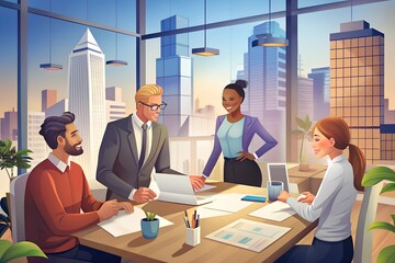 Entrepreneur and real estate agents collaborate on a corporate office planning session