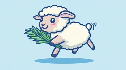 Obraz premium Cute cartoon sheep holding a bunch of grass while jumping in the air.