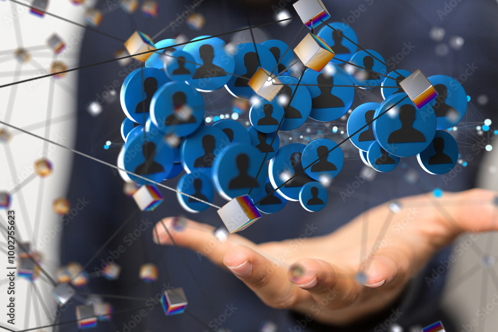 Poster businessman using data network with his fingers