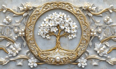 Decorative gold wallpaper with white pearl and flowers, 3D mural wallpaper high quality, 3D wallpaper with gold tree life