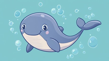 Obraz premium Cute cartoon whale with big eyes and a smile swimming in the ocean with bubbles.