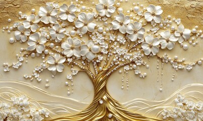 Stock image of 3D wallpaper with gold tree life, white pearls, and flowers