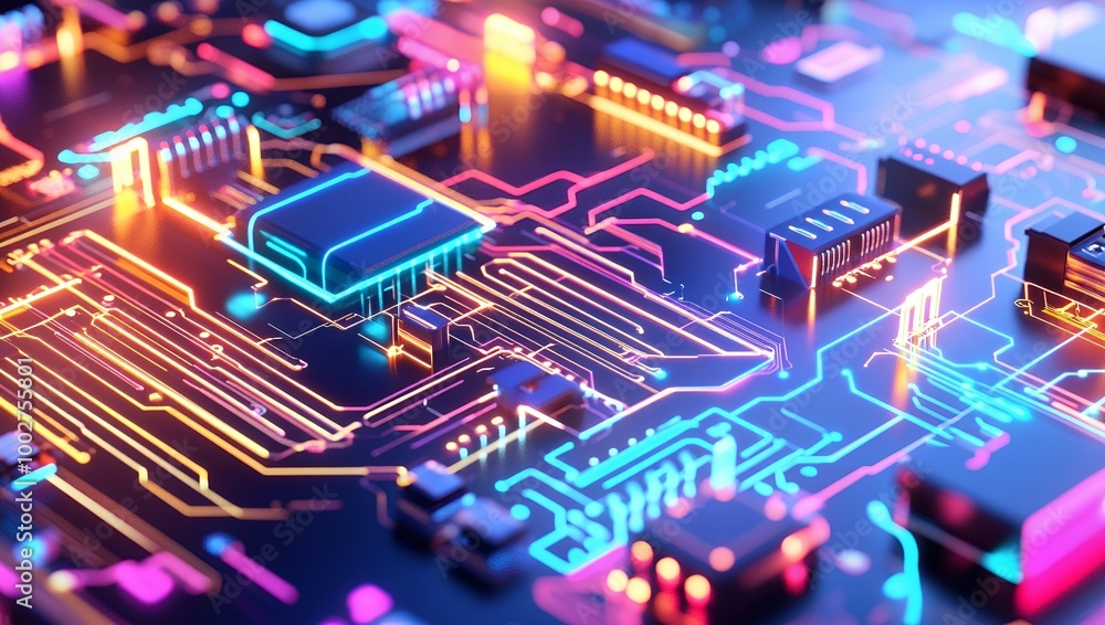 Poster close-up of a circuit board with glowing lines.