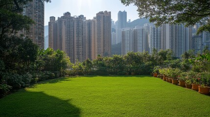 Obraz premium An urban park with a large view, green space maintenance for a soothing wallpaper, in a photographic style