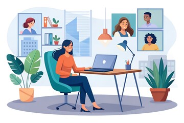 woman working remotely on a virtual video team meeting call, remote work and flexible culture concept