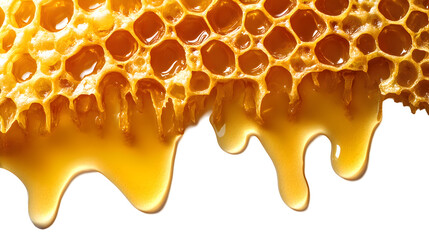 Close-up view of fresh,golden honey dripping and flowing from a delicate honeycomb structure. The natural.