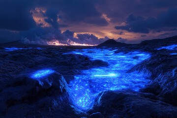 Fototapeta premium A Glowing Blue Stream Through a Rocky, Volcanic Landscape