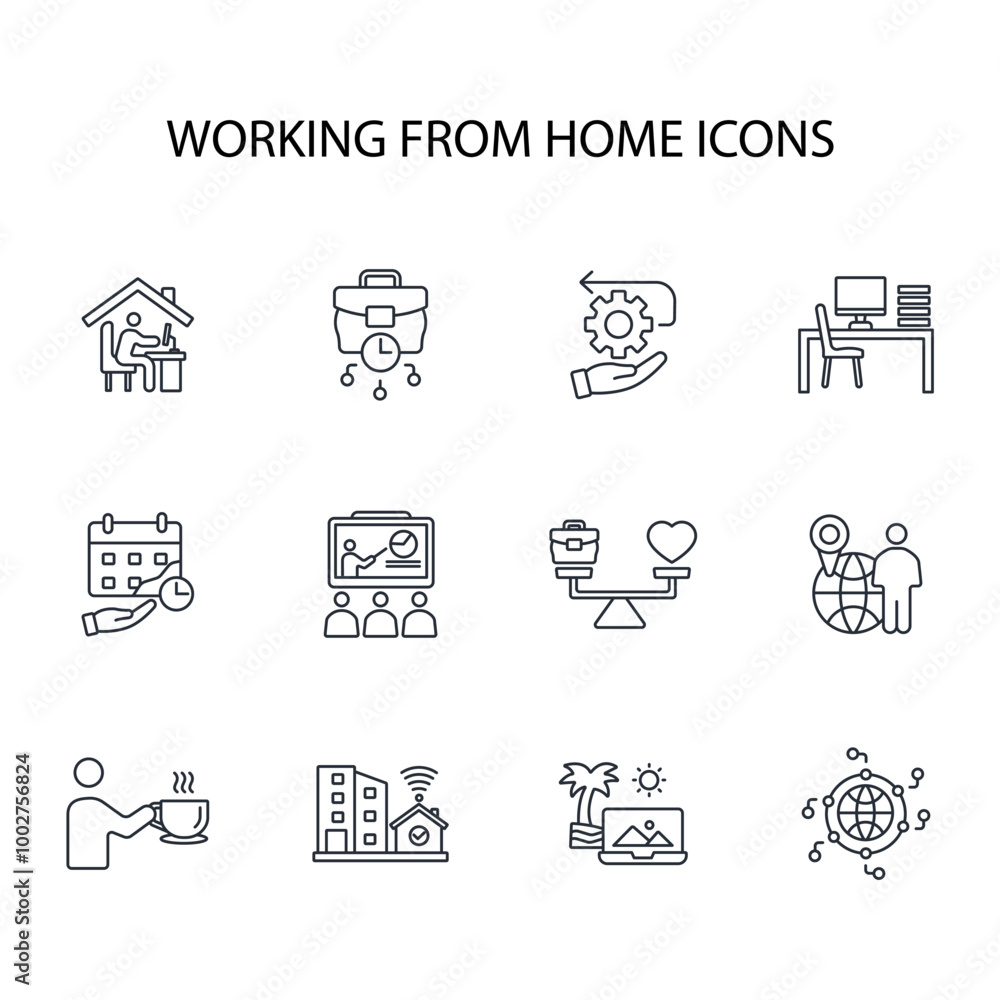 Poster working from home icon set.vector.editable stroke.linear style sign for use web design,logo.symbol i