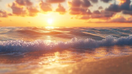 Golden sands at sunset, the sky ablaze with vibrant colors