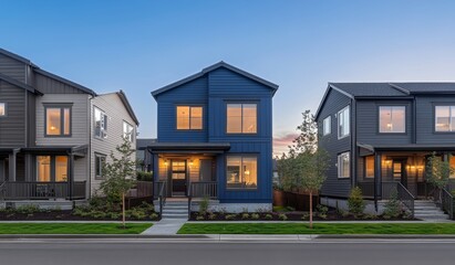 At Twilight: New House with Beautiful Yard and Landscaping and Luminous Interior Lighting