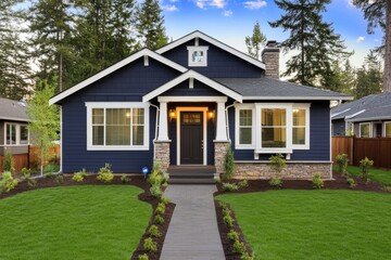 Obraz premium The exterior of a beautiful home in the evening with glowing interior lights and landscaping