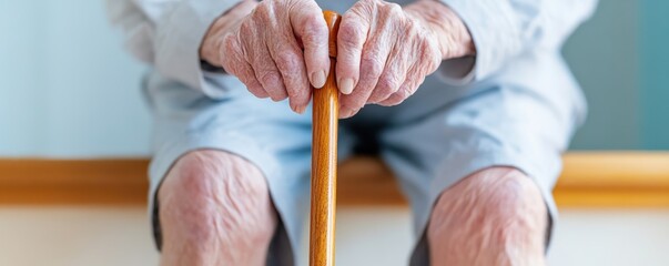 Elderly hands resting on a wooden cane, close-up image.