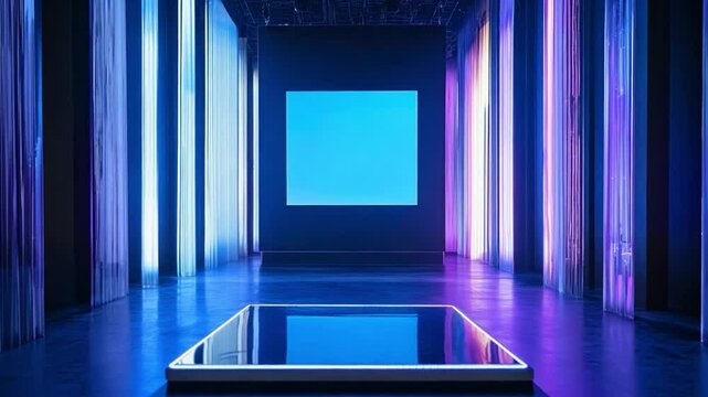 Vibrant contemporary art installation showcasing illuminated columns and glowing display area in a modern gallery space - Powered by Adobe