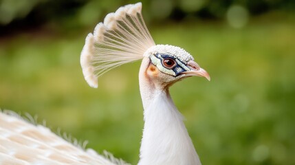 Obraz premium Elegant white peacock with stunning plumage, close-up on a blurred green background.