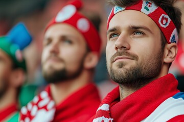 Man with glasses and a red hat is looking up. Another man with a red hat is standing behind him. white male polish fans watching tense game and cant believe that player score a goal