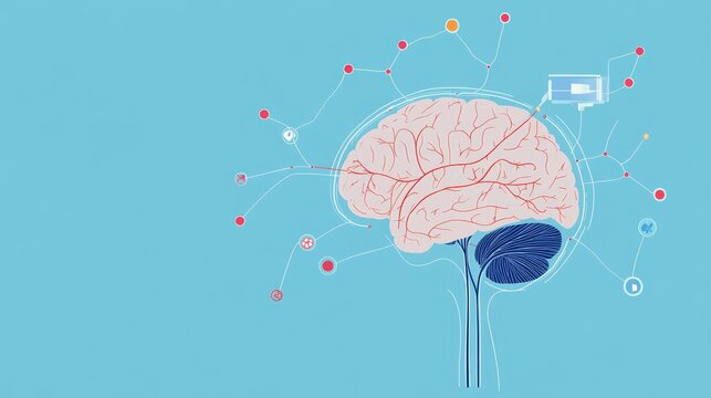 Illustration of brain pathways related to PBA, large copy space in the background, flat design illustration