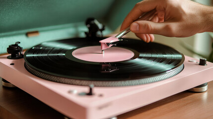 Obraz premium Hand placing needle on vintage record player, pink design, retro music vibe.