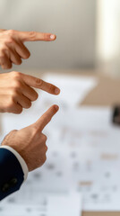 Hands pointing at documents on a table in a business setting.