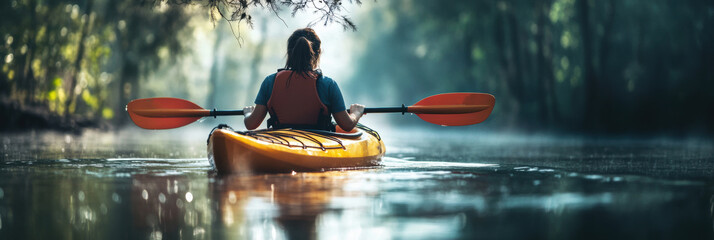 A woman kayaking in still lake water in a foggy morning with woods