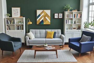 The interior of a modern elegant apartment features a gray sofa and navy armchair