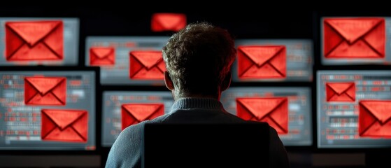 Person monitoring multiple screens with notifications in a dark workspace.