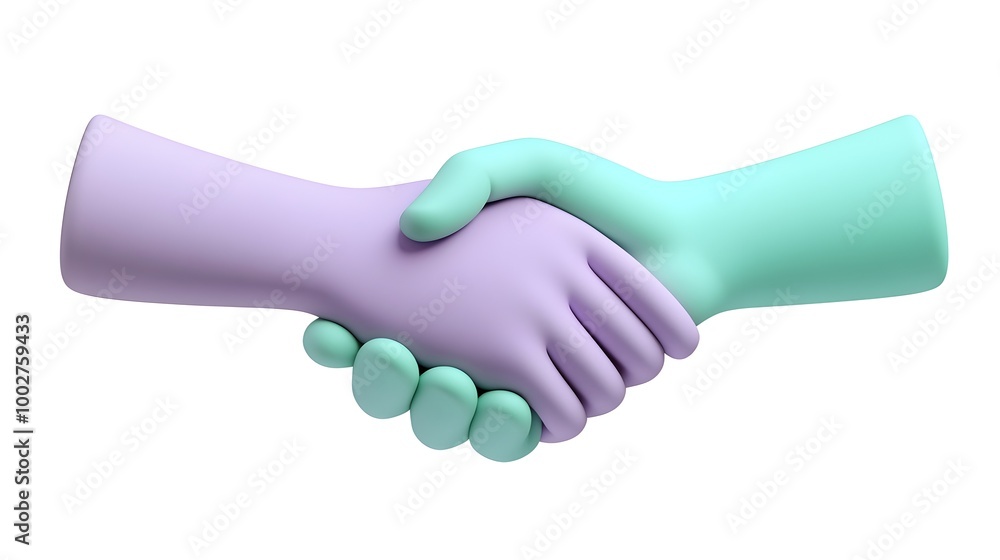Poster conceptual handshake between two colorful 3d hands representing business agreement and teamwork