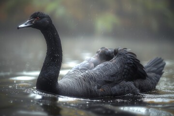 Fototapeta premium Artistic image of a black swan gracefully floating on water with high contrast and grainy texture