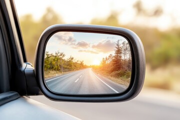Rearview mirror reflecting sunset over a serene open road.