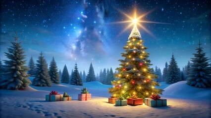 Illuminated Christmas Tree with Star Topper Under Starry Night Sky | Snowy Forest Winter Scene with Colorful Gift Boxes