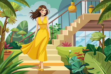 brunette woman hair nature makeup clothing fashion color yellow silk long dress.