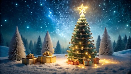 Obraz premium Enchanted Christmas Tree with Star Topper in Snowy Winter Forest | Illuminated Holiday Scene with Wrapped Gifts Under Starlit Night Sky