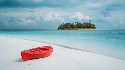 Kayak boat in tropical beach with island in sea