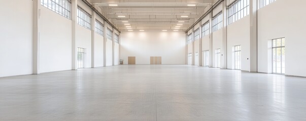 Spacious, empty industrial hall with white walls and large windows.