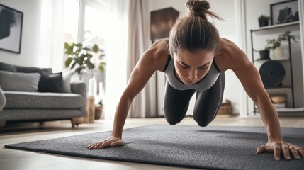Fototapeta premium Photograph of a Beautiful Confident Strong Fitness Female in a Grey Athletic Outfit doing Mountain Climber Exercises in Her Bright and Spacious Apartment.