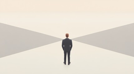 Fototapeta premium Leader standing at a crossroads of abstract arrows, symbolizing decision-making and leadership in business