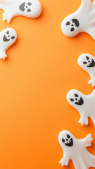 Fototapeta premium Empty Halloween picture frame on color background with bats, ghosts and pumpkin