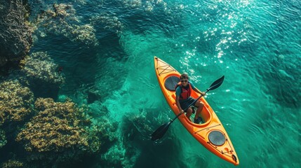 Fototapeta premium Aerial view of a person kayaking in sea water