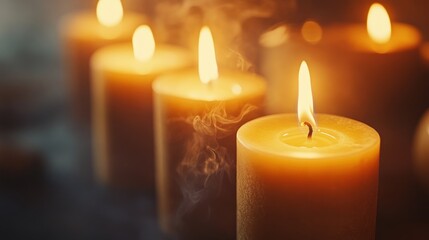 Close-up of burning candles with smoke.