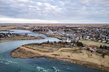 Aerial View of Selfoss city, Iceland.