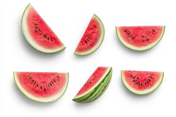 Watermelon slices isolated on a white background, showcasing vibrant red flesh and seeds, minimalistic food photography.