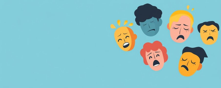Emotional faces representing PBA symptoms, blank copy space surrounding, flat design illustration