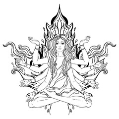 Beautiful woman with long hair and multiple hands sitting in lotus yoga position. Multi-armed goddess is Goddess Lakshmi, the Hindu goddess of wealth, fortune, and prosperity. Vector detailed isolated